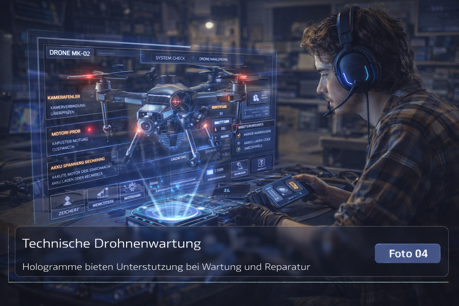 Platzhalterbild für ein holografisches KI-Interface in kreativer oder technischer Arbeitsumgebung